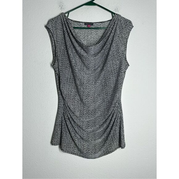 Vince Camuto Sleeveless Rouched Blouse Polka Dot Black White Green Size L - Picture 1 of 9